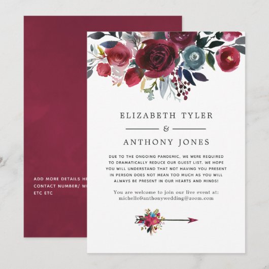Burgundy & Navy bloemen Bruiloft Gereduceerde Gast Aankondiging (Voorkant / Achterkant)