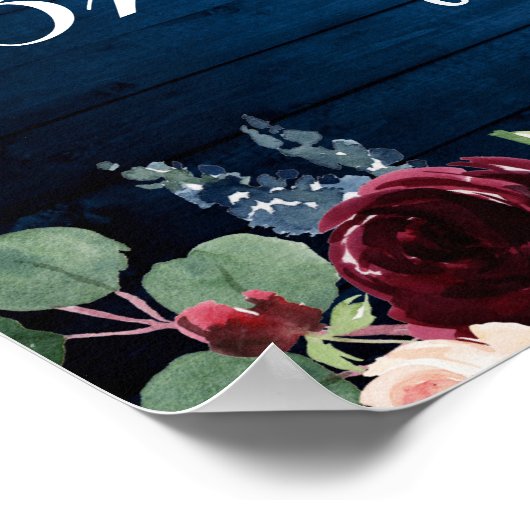 Burgundy Navy Bloemen Bruiloft Welcome Bord Poster (Hoek)