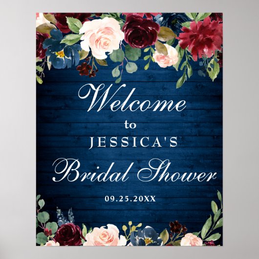 Burgundy Navy Bloemen Bruiloft Welcome Bord Poster (Voorkant)