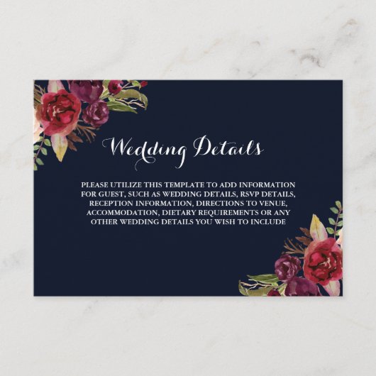 Burgundy Navy Bloemen Bruiloftsreceptie Details Informatiekaartje (Voorkant)