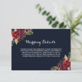 Burgundy Navy Bloemen Bruiloftsreceptie Details Informatiekaartje (Staand voorkant)
