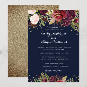 Burgundy Navy Bloemen Confetti Trouw Uitnodiging