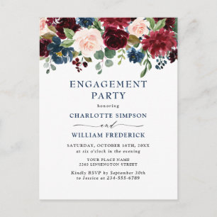 Burgundy Navy Bloemen VERLOVING FEEST Uitnodiginge Briefkaart