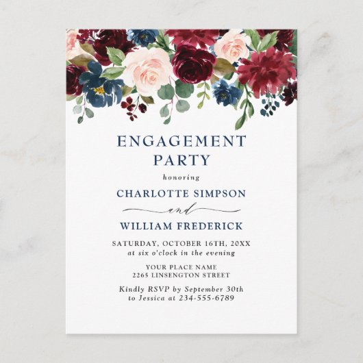 Burgundy Navy Bloemen VERLOVING FEEST Uitnodiginge Briefkaart (Voorkant)