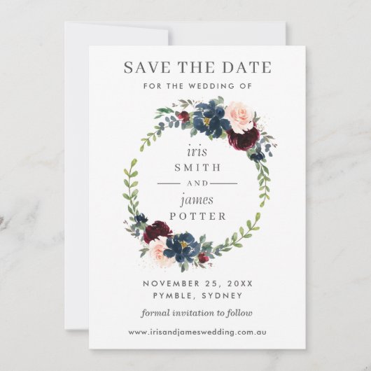 Burgundy Navy Bloemige Trouw Save the Date Kaart (Voorkant)