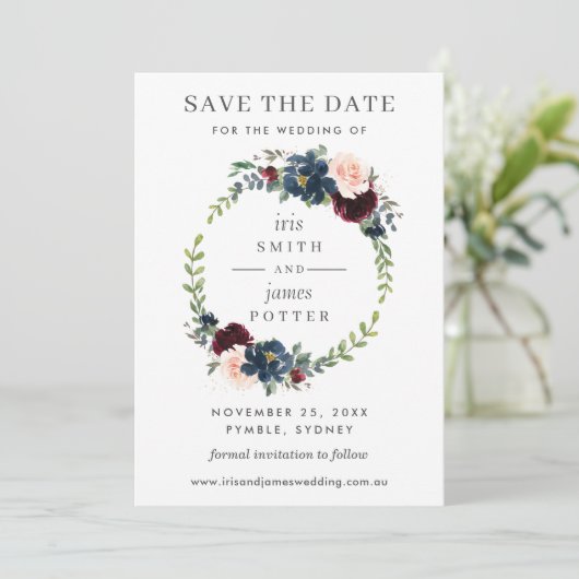 Burgundy Navy Bloemige Trouw Save the Date Kaart (Staand voorkant)