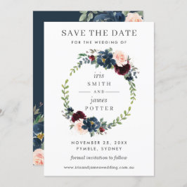 Burgundy Navy Bloemige Trouw Save the Date Kaart