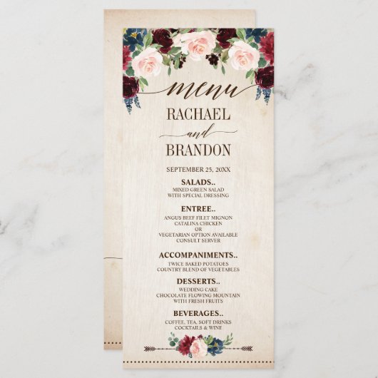 Burgundy Navy Bloemrijke Rustieke Boho Landelijke  Menu (Voorkant / Achterkant)