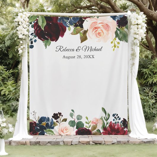 Burgundy Navy Bloemstuk Trouwfoto Fotobooth Achter Wandkleed