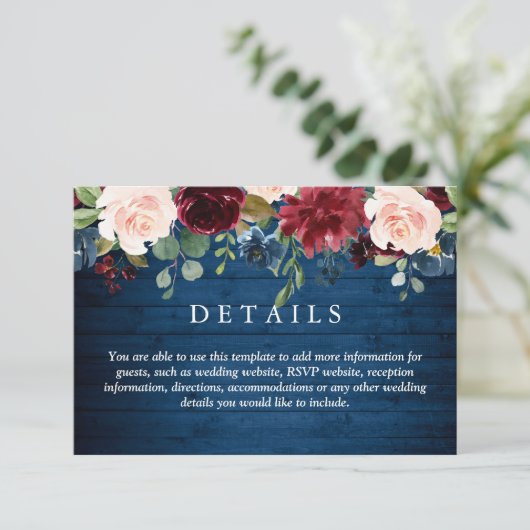 Burgundy Navy Blue Blush Bloemige Trouwdetails Informatiekaartje (Staand voorkant)