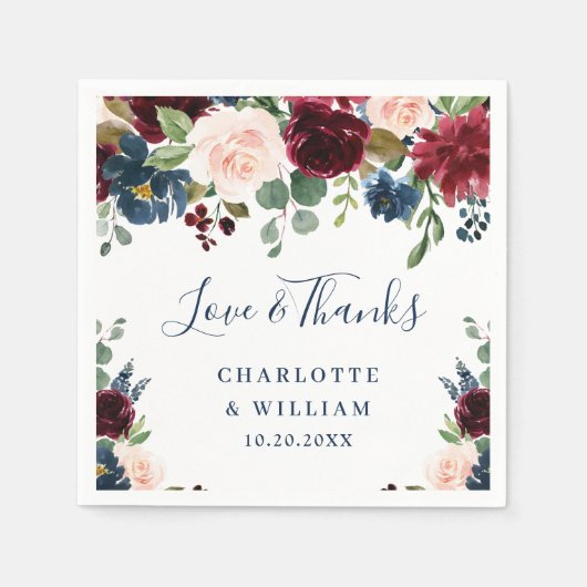 Burgundy Navy Blue Blush Bloemrijke Rustieke Feest Servet (Voorkant)