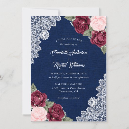Burgundy Navy Blue Blush Burlap Floral Wedding Kaart (Voorkant)