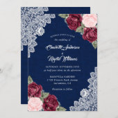 Burgundy Navy Blue Blush Burlap Floral Wedding Kaart (Voorkant / Achterkant)