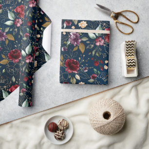 Burgundy Navy Blue Blush Floral bruiloft Cadeaupapier