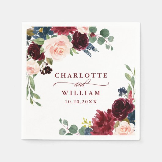 Burgundy Navy Blue Blush Floral Rustic Wedding Servet (Voorkant)