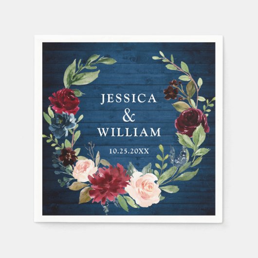 Burgundy Navy Blue Blush Floral Rustic Wedding Servet (Voorkant)
