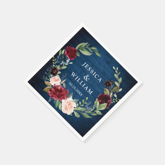 Burgundy Navy Blue Blush Floral Rustic Wedding Servet (Hoek)