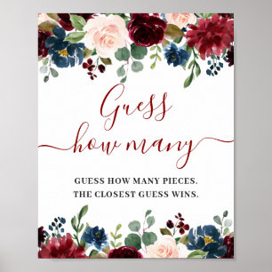 Burgundy Navy Blue Blush Floral Waterverf Poster