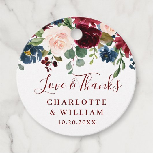 Burgundy Navy Blue Blush Floral Waterverf Weddensc Bedankjes Labels (Voorkant)