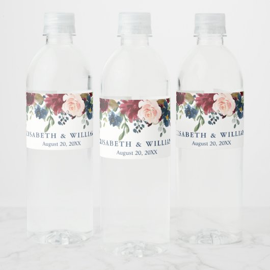 Burgundy Navy Blue Blush Floral Waterverf Weddensc Waterfles Etiket (Flessen)
