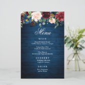 Burgundy Navy Blue Blush Floral Wedding Menu (Staand voorkant)