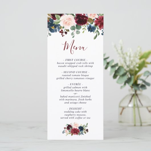Burgundy Navy Blue Blush Floral Wedding Menu (Staand voorkant)