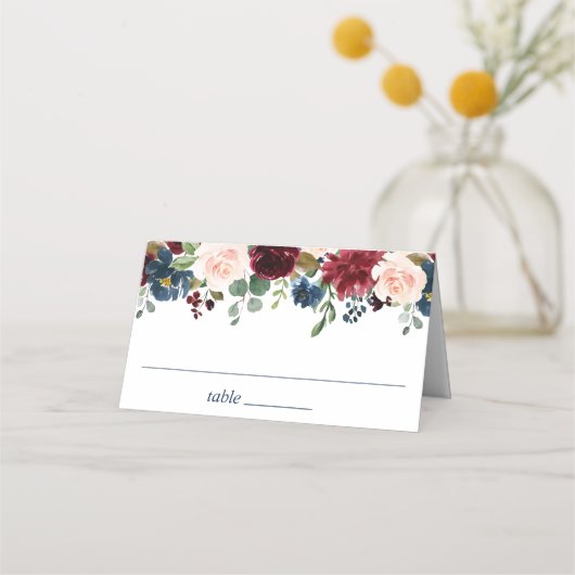 Burgundy Navy Blue Blush Floral Wedding Plaatskaartje (Voorkant)