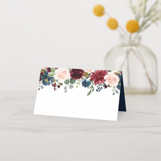 Burgundy Navy Blue Blush Floral Wedding Plaatskaartje (Voorkant)