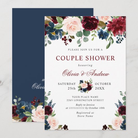 Burgundy Navy Blue Blush Flowers COUPLE SHOWER Kaart (Voorkant / Achterkant)