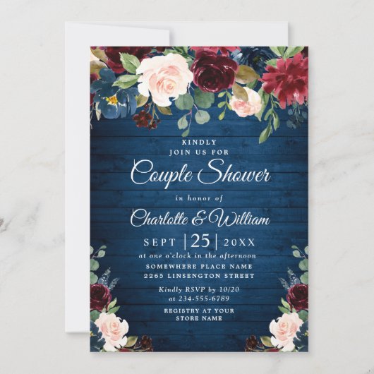 Burgundy Navy Blue Blush Flowers COUPLE SHOWER Kaart (Voorkant)