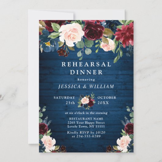 Burgundy Navy Blue Blush Flowers REHEARSAL DINNER Kaart (Voorkant)