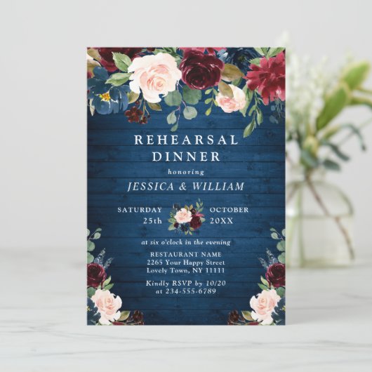 Burgundy Navy Blue Blush Flowers REHEARSAL DINNER Kaart (Staand voorkant)