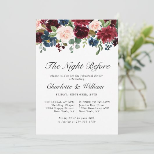 Burgundy Navy Blue Blush Flowers REHEARSAL DINNER Kaart (Staand voorkant)