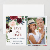 Burgundy Navy Blue Blush PHOTO Floral Wedding Save The Date (Voorkant / Achterkant)