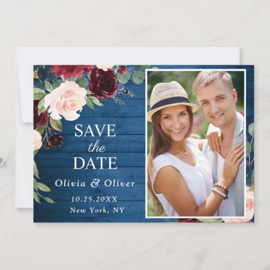 Burgundy Navy Blue Blush PHOTO Floral Wedding Save The Date (Voorkant)