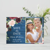 Burgundy Navy Blue Blush PHOTO Floral Wedding Save The Date (Staand voorkant)
