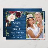 Burgundy Navy Blue Blush PHOTO Floral Wedding Save The Date (Voorkant / Achterkant)