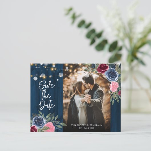 Burgundy Navy Blue Blush Photo Save the Date Briefkaart (Staand voorkant)