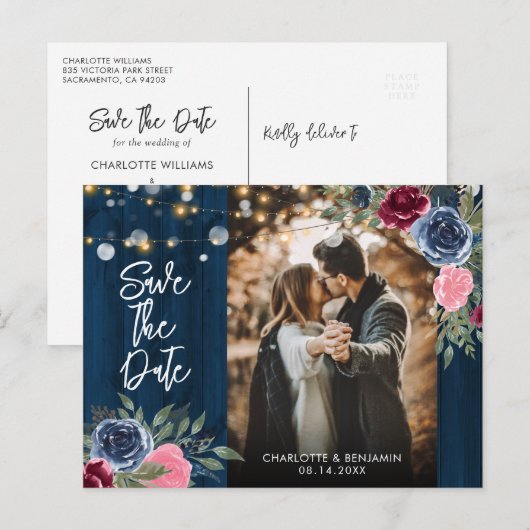 Burgundy Navy Blue Blush Photo Save the Date Briefkaart (Voorkant / Achterkant)