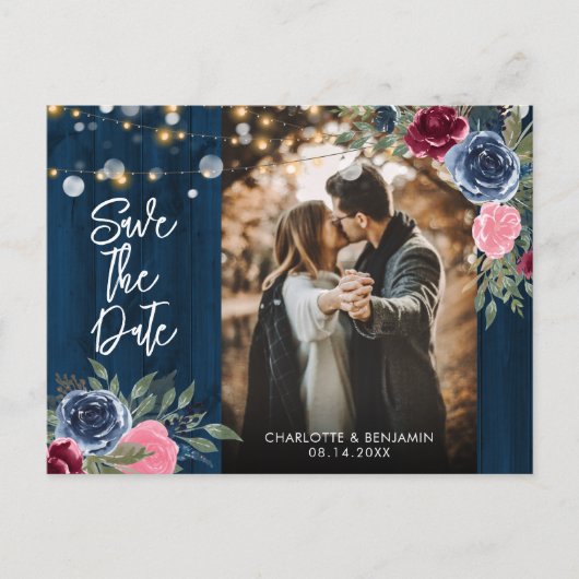 Burgundy Navy Blue Blush Photo Save the Date Briefkaart (Voorkant)