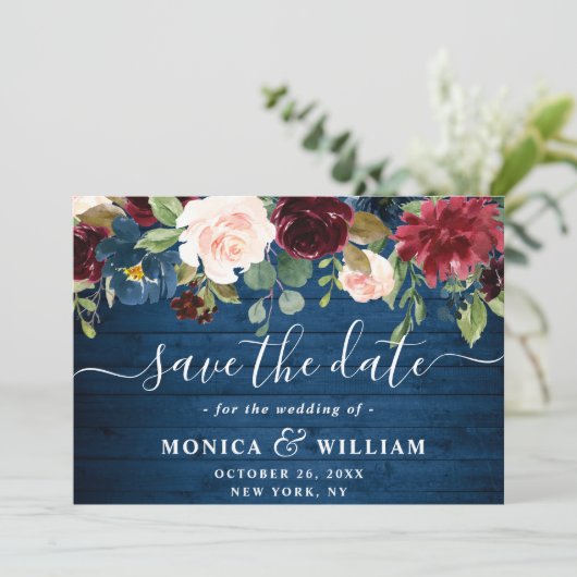 Burgundy Navy Blue Blush Rustic Floral Wedding Save The Date (Staand voorkant)