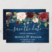 Burgundy Navy Blue Blush Rustic Floral Wedding Save The Date (Voorkant / Achterkant)