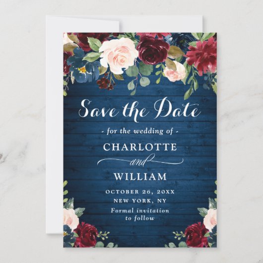 Burgundy Navy Blue Blush Rustic Floral Wedding Save The Date (Voorkant)