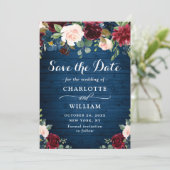 Burgundy Navy Blue Blush Rustic Floral Wedding Save The Date (Staand voorkant)