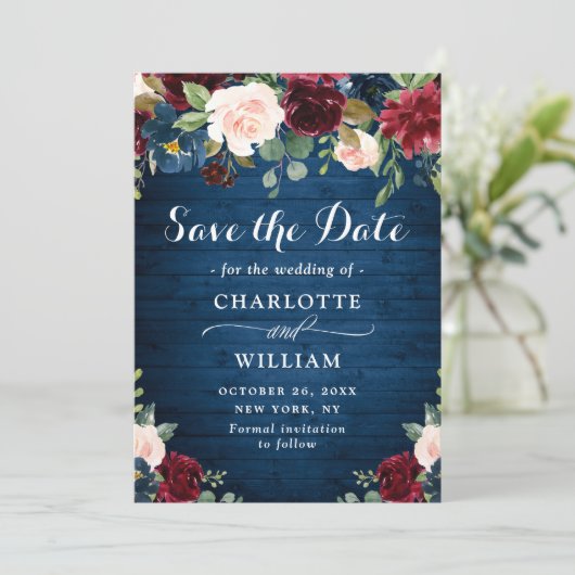 Burgundy Navy Blue Blush Rustic Floral Wedding Save The Date (Staand voorkant)