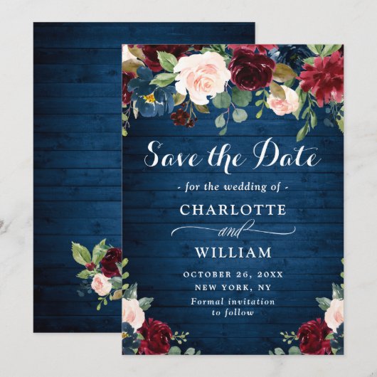 Burgundy Navy Blue Blush Rustic Floral Wedding Save The Date (Voorkant / Achterkant)