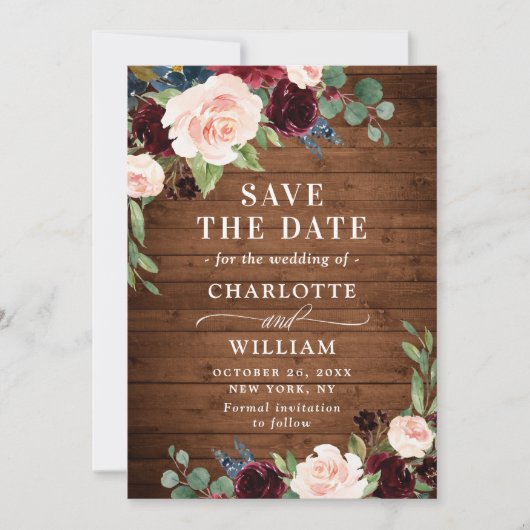 Burgundy Navy Blue Blush Rustic Floral Wedding Save The Date (Voorkant)