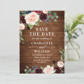 Burgundy Navy Blue Blush Rustic Floral Wedding Save The Date (Staand voorkant)