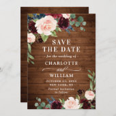 Burgundy Navy Blue Blush Rustic Floral Wedding Save The Date (Voorkant / Achterkant)