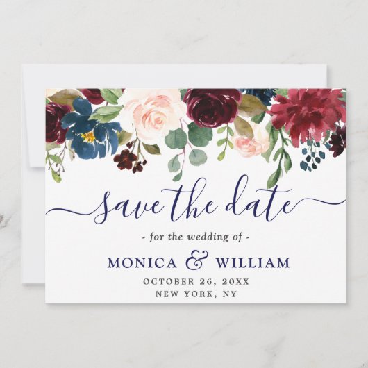Burgundy Navy Blue Blush Rustic Floral Wedding Save The Date (Voorkant)